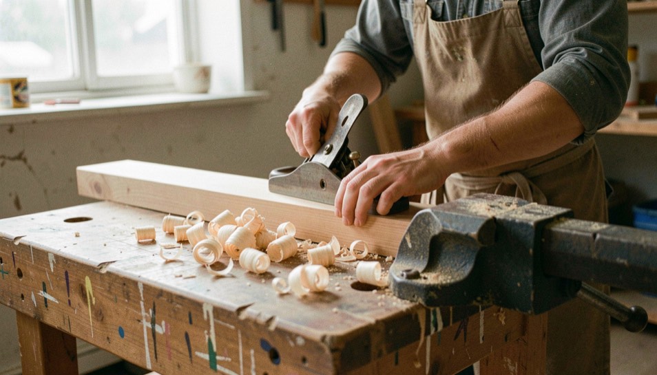 A woodworker planing a plank at a scarred bench, curled shavings gathering around a wrought iron vice in window light