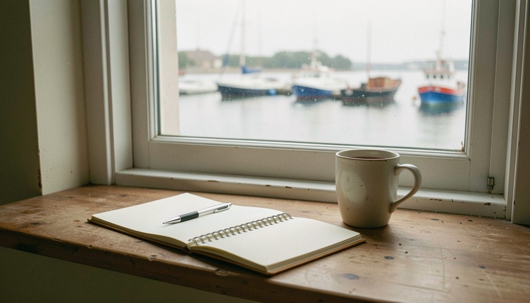 A quiet studio windowsill with an open notebook, a pen and an unanswered mug of tea, moored boats waiting in the distance