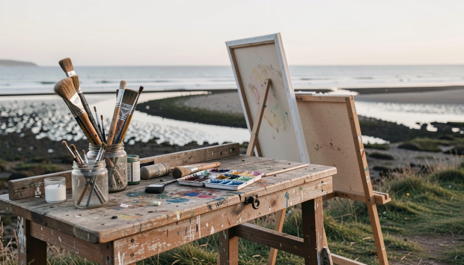 A weathered wooden workbench at the edge of a tidal cove, jars of brushes and a stretched canvas facing open water at first light
