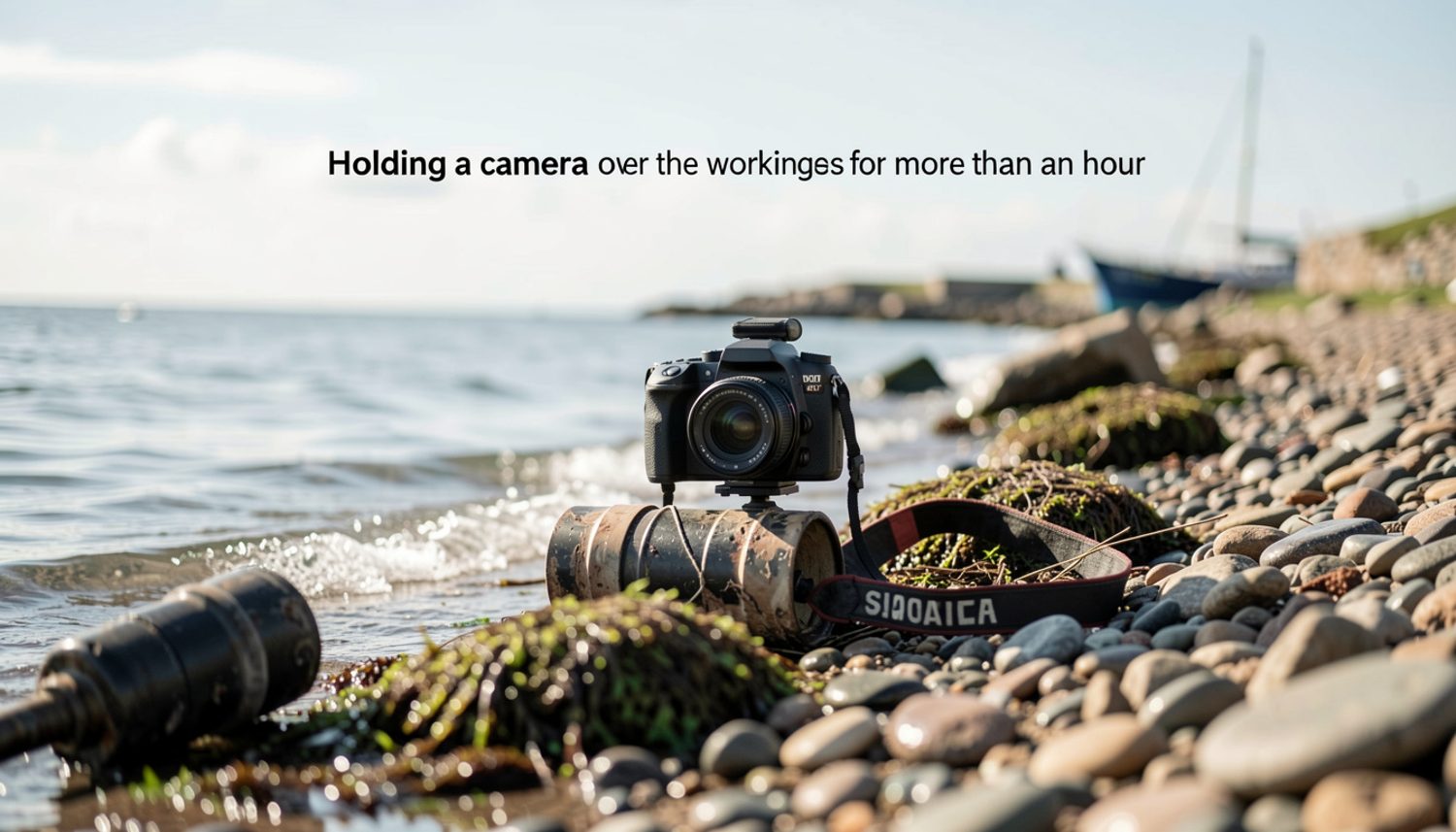 A small camera slung under a finned tether line above a working wharf, a crew unloading crates on the deck below in flat morning light