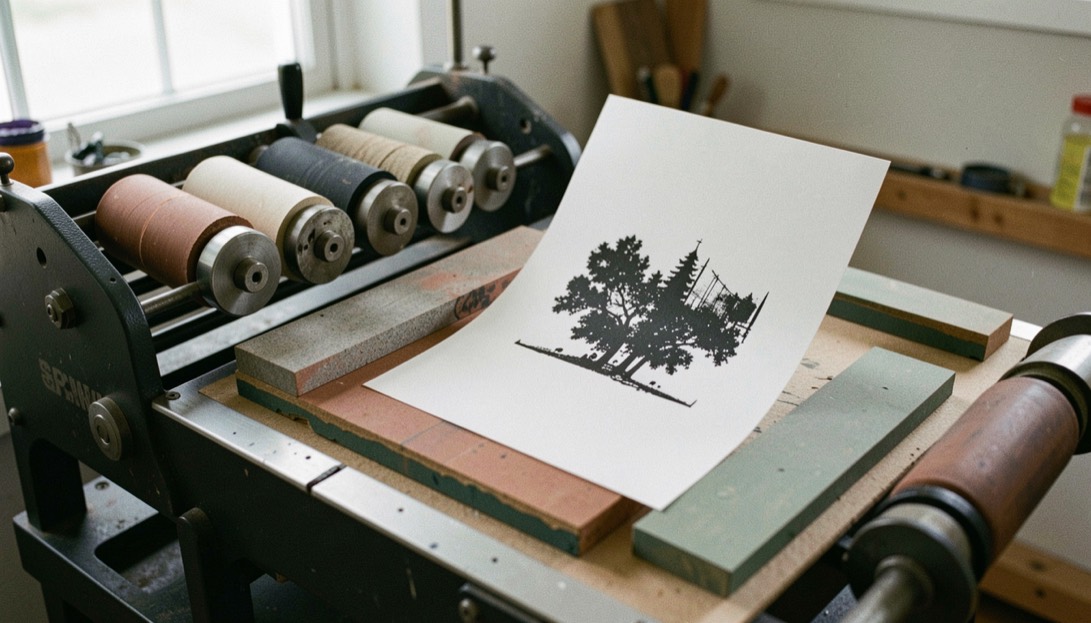 A shallow bench under a warm task lamp, a cut lift of printed cards squared against a steel rule, one token resting face up beside a magnifier, shot from slightly above at a low angle.
