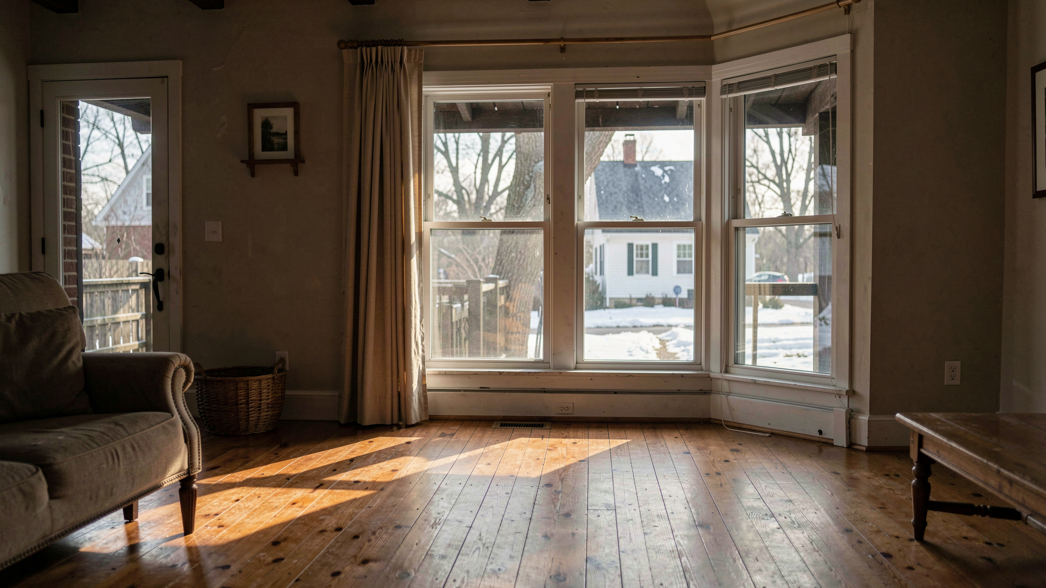 A south facing living room window in an older New England house, low winter sun across a wooden floor, a deep roof overhang visible outside, shot from inside at eye level.