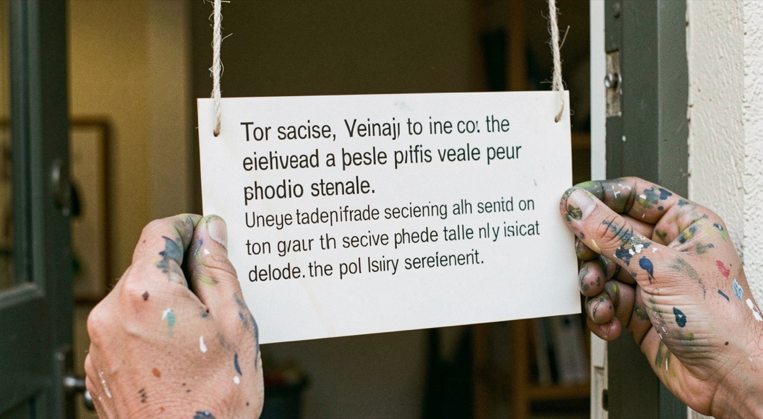 A close view of a neatly lettered studio sign hanging by a doorway, paint-stained fingers holding it level against the light