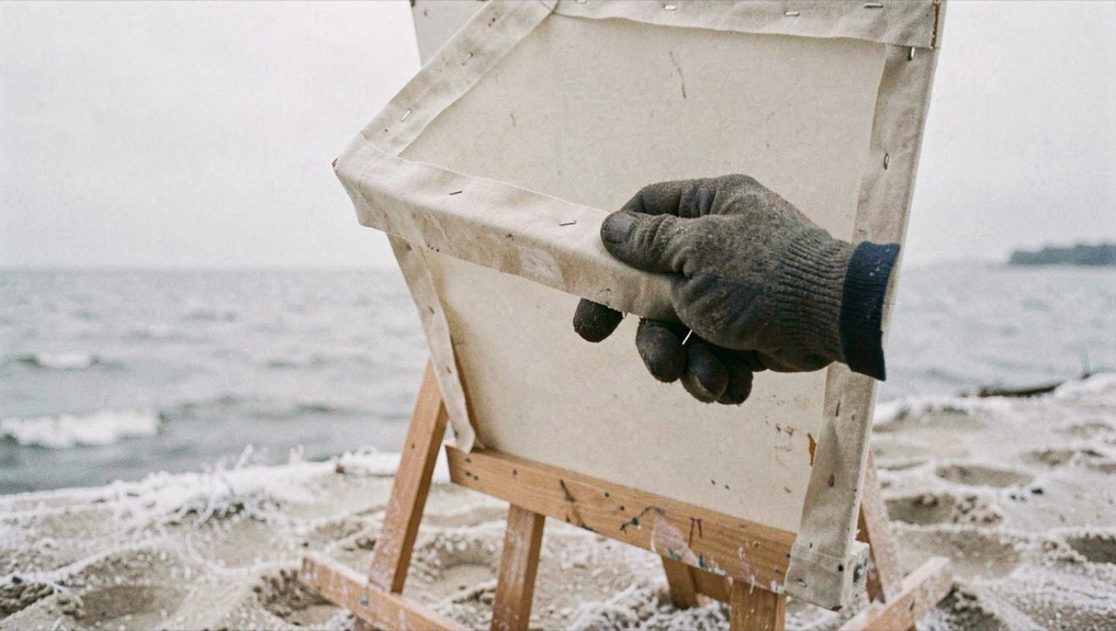 A gloved hand steadying a canvas on a blustery point, pale pewter water and flat white sky behind, easel legs sunk in frost-hard sand